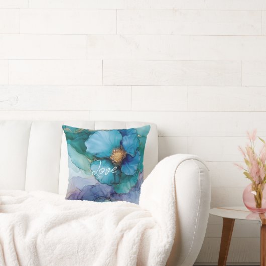 ブルーかわいらしパープルアクア金ゴールドフローラ クッション (ソファ)