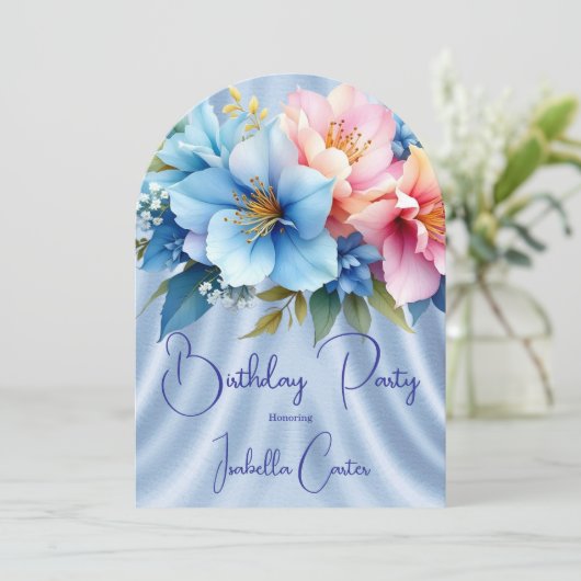 ブルーかわいらしピンクの花の誕生日パーティー 招待状 (スタンド正面)