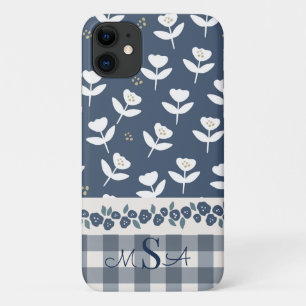 ブルーかわいらしフローラファームハウスパターンモノグラム iPhone 11 ケース