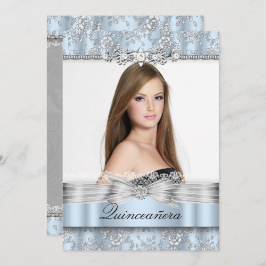 ブルーかわいらしフローラフォトキンセアニェラ招待状 招待状 (正面/裏面)