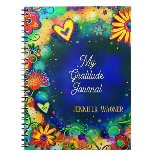 ブルーかわいらしフローラ名前をカスタムする感謝ジャーナル ノートブック (正面)
