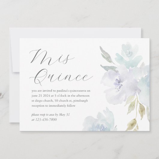 ブルーかわいらしフローラ15年誕生日キンセアニラ 招待状 (正面)