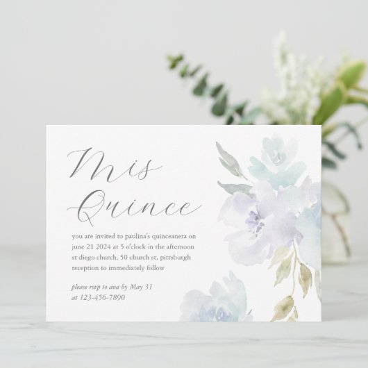 ブルーかわいらしフローラ15年誕生日キンセアニラ 招待状 (スタンド正面)