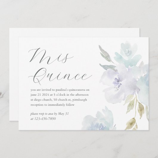 ブルーかわいらしフローラ15年誕生日キンセアニラ 招待状 (正面/裏面)