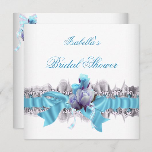 ブルーかわいらしブライダルシャワーホワイトレースガーター 招待状 (正面/裏面)