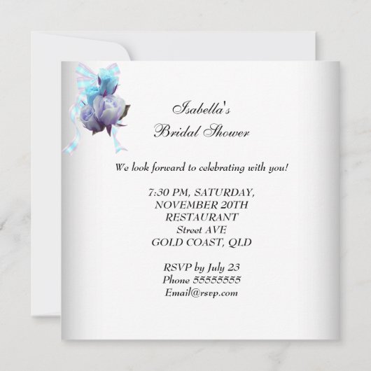 ブルーかわいらしブライダルシャワーホワイトレースガーター 招待状 (裏面)