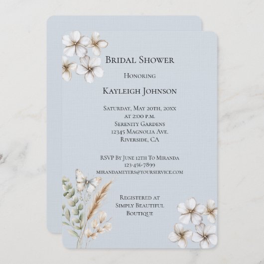 ブルーかわいらしホワイトバタフライフローラブライダルシャワー 招待状 (正面/裏面)