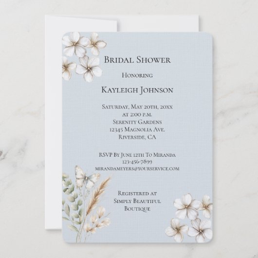 ブルーかわいらしホワイトバタフライフローラブライダルシャワー 招待状 (正面)