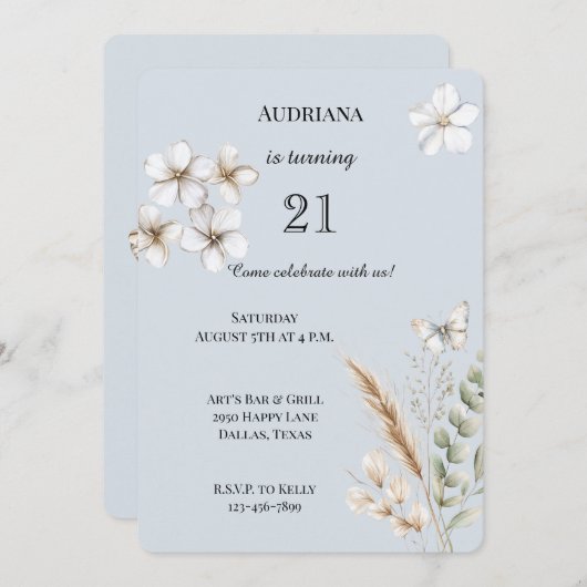 ブルーかわいらしホワイトバタフライフローラ誕生日 招待状 (正面/裏面)