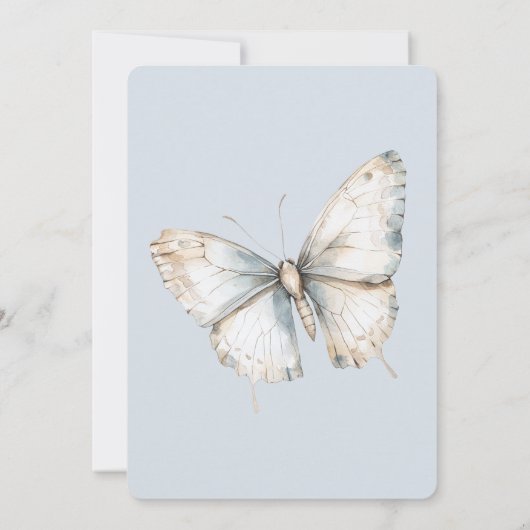ブルーかわいらしホワイトバタフライフローラ誕生日 招待状 (裏面)
