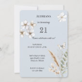 ブルーかわいらしホワイトバタフライフローラ誕生日 招待状 (正面)