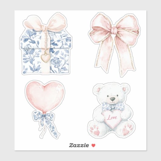 ブルーかわいらしホワイトフローラ赤面ハートボウベア シール (シート)