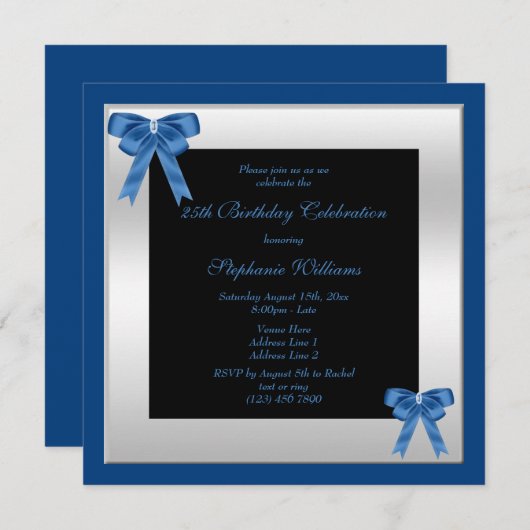 ブルーかわいらしボウズ&シルバーフレーム誕生日 招待状 (正面/裏面)