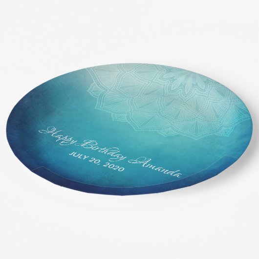 ブルーかわいらしマンダラ抽象芸術誕生日 ペーパープレート (アングル)