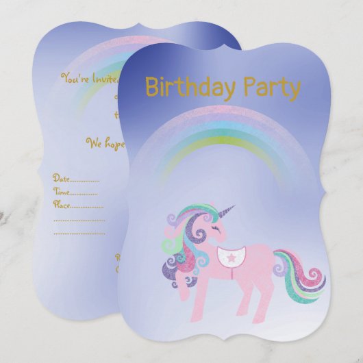 ブルーかわいらしレインボーユニコーン誕生日金ゴールド 招待状 (正面/裏面)