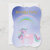 ブルーかわいらしレインボーユニコーン誕生日金ゴールド 招待状 (正面)