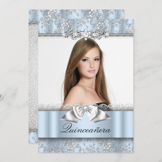 ブルーかわいらしレースフォトキンセアニェラ招待状 招待状 (正面/裏面)