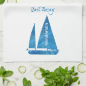 ブルーかわいらし帆船航海の キッチンタオル (折り畳み)