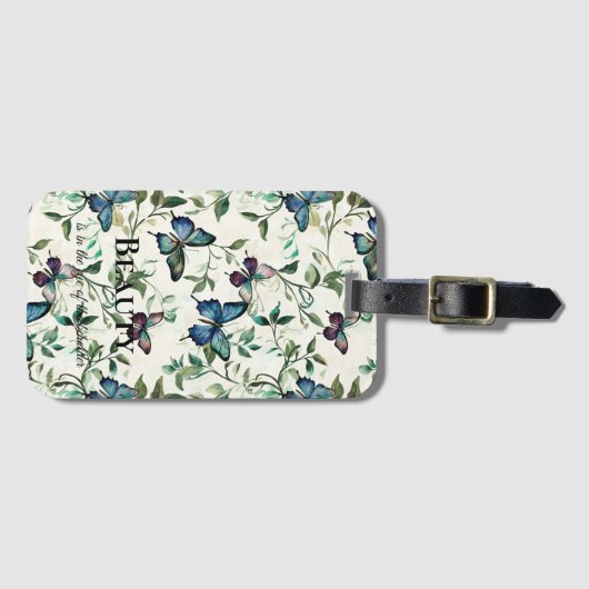 ブルーかわいらし蝶美しい引用文 ラゲッジタグ (正面横)