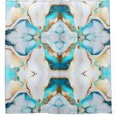 ブルーかわいらし金ゴールドホワイトマーブルデザイン シャワーカーテン (正面)