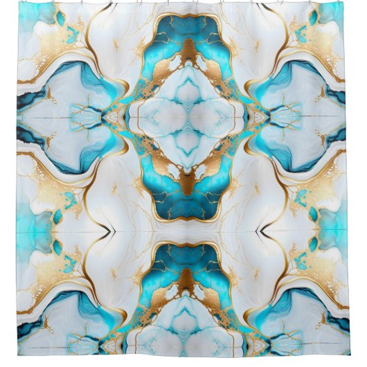 ブルーかわいらし金ゴールドホワイトマーブルデザイン シャワーカーテン (正面)