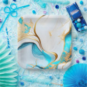 ブルーかわいらし金ゴールドホワイトマーブルデザイン ペーパープレート (パーティー)