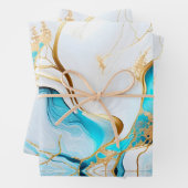 ブルーかわいらし金ゴールドホワイトマーブルデザイン ラッピングペーパーシート (インサイチュ)