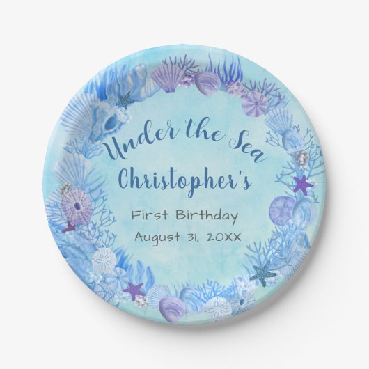 ブルーかわいらし・アンダーザシー・ボーイ誕生日 ペーパープレート (正面)