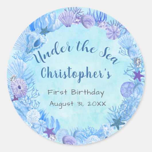 ブルーかわいらし・アンダーザシー・ボーイ誕生日 ラウンドシール (正面)