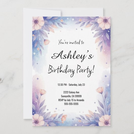 ブルーかわいらし&パープルガールの花誕生日パーティー 招待状 (正面)