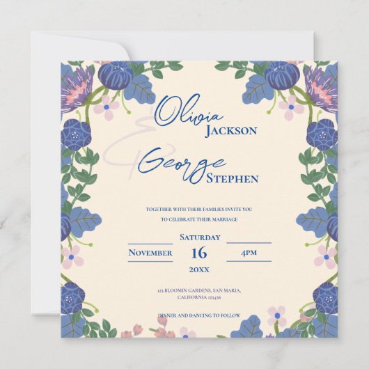 ブルーかわいらし&パープルフローラ結婚式招待状 (正面)