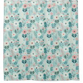 ブルーかわいらし&ピンクパステルフォークアートフラワーズ シャワーカーテン (正面)