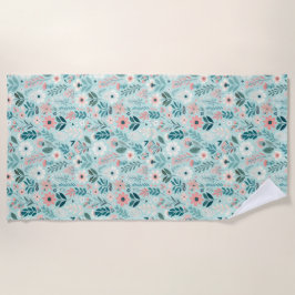 ブルーかわいらし&ピンクパステルフォークアートフラワーズ ビーチタオル