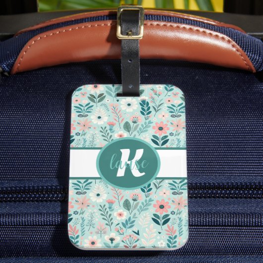 ブルーかわいらし&ピンクパステルフォークアートフラワーズ ラゲッジタグ (正面インサイチュ2)