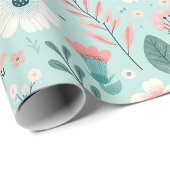 ブルーかわいらし&ピンクパステルフォークアートフラワーズ ラッピングペーパー (ロールコーナー)