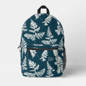 ブルーかわいらし&ホワイトファーンパターンモノグラムイニシャル プリントバックパック (正面)