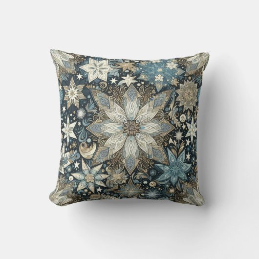ブルーかわいらし&金ゴールドスノーフレークフェスティバル クッション (正面)