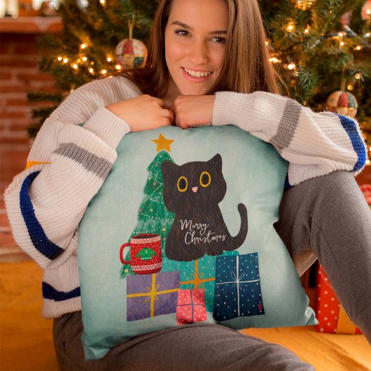ブルーが可愛い猫のコーヒークリスマス クッション