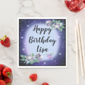 ブルーきらきら光るフローラバード誕生日 スタンダードランチョンナプキン (インサイチュ)