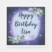 ブルーきらきら光るフローラバード誕生日 スタンダードランチョンナプキン (正面)