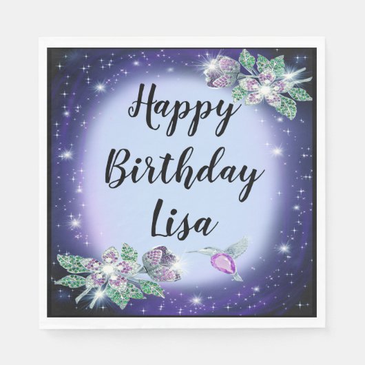 ブルーきらきら光るフローラバード誕生日 スタンダードランチョンナプキン (正面)