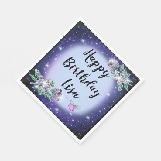 ブルーきらきら光るフローラバード誕生日 スタンダードランチョンナプキン (角)