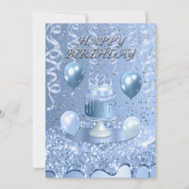 ブルーきらめくお誕生日ケーキ招待状