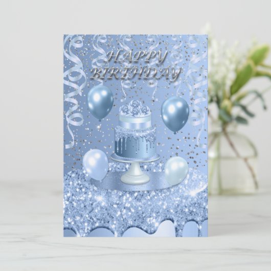 ブルーきらめくお誕生日ケーキ招待状 (スタンド正面)