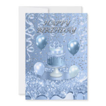 ブルーきらめくお誕生日ケーキ招待状