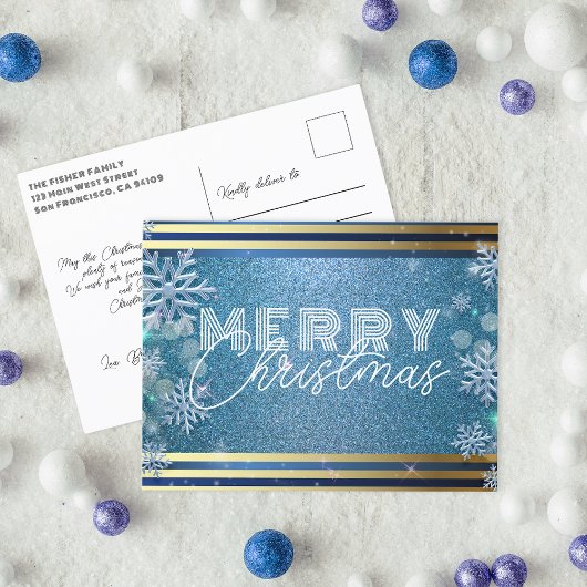 ブルーきらめくウィンター霜の降りたワンダーランドクリスマス シーズンポストカード