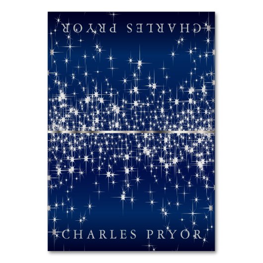 ブルーきらめくサテンの名刺に銀色の星 テーブルナンバー (正面)