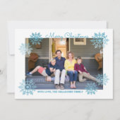 ブルーきらめくシックなスノーフレークホリデーフォト シーズンカード (正面)