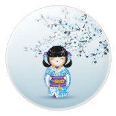 ブルーこけし人形さくらんぼの花器 セラミックノブ (正面)