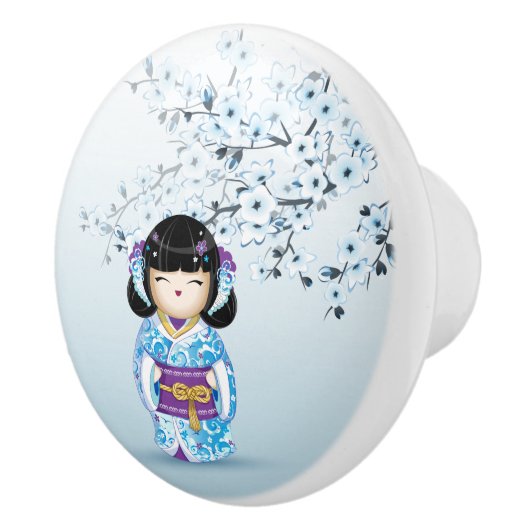 ブルーこけし人形さくらんぼの花器 セラミックノブ (右)